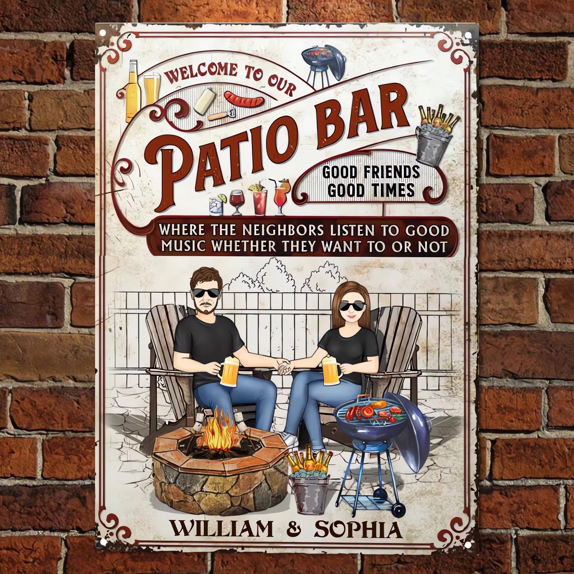 Backyard Bar Family Couple Where The Neighbors Listen To Good Music - Patio Sign - Personalized Custom Classic Metal Signs F88