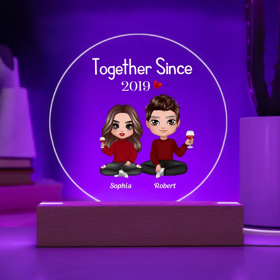 Doll Couple Sitting Valentine Anniversary Gift For Him Gift For Her Personalized Circle Acrylic Plaque LED Lamp Night Light PL-F55