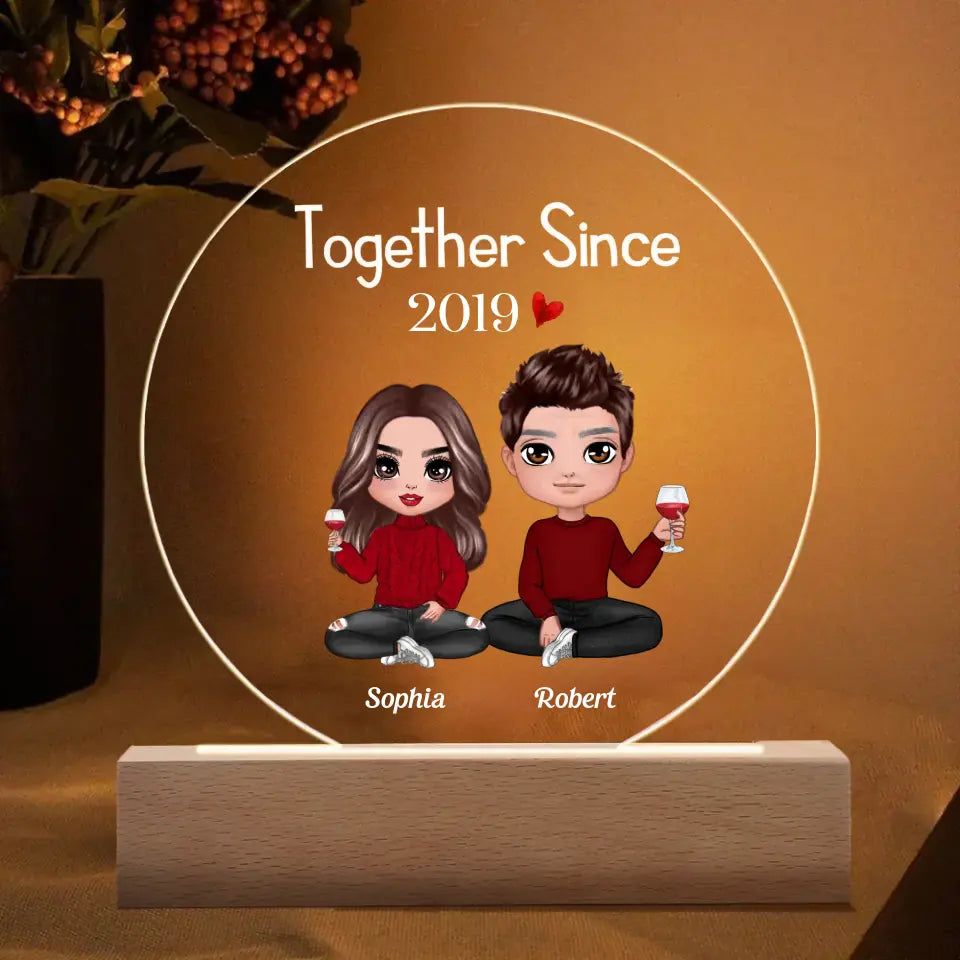 Doll Couple Sitting Valentine Anniversary Gift For Him Gift For Her Personalized Circle Acrylic Plaque LED Lamp Night Light PL-F55