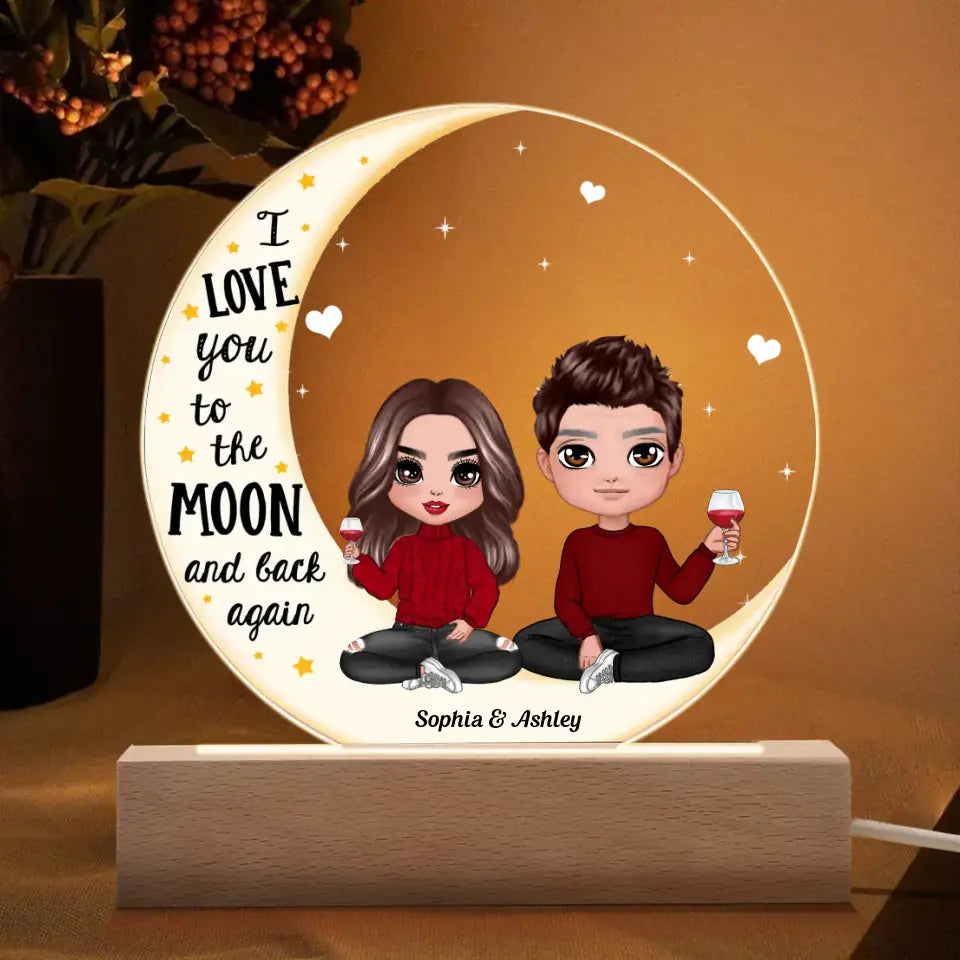 Love You To The Moon Doll Couple On Moon Personalized Circle Acrylic Plaque With LED Night Light - Valentine‘s Day Gift - Anniversary Gift For Her - Gift For Him PL-F54