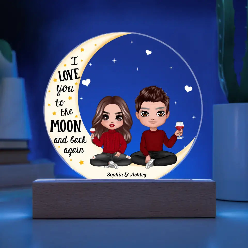 Love You To The Moon Doll Couple On Moon Personalized Circle Acrylic Plaque With LED Night Light - Valentine‘s Day Gift - Anniversary Gift For Her - Gift For Him PL-F54