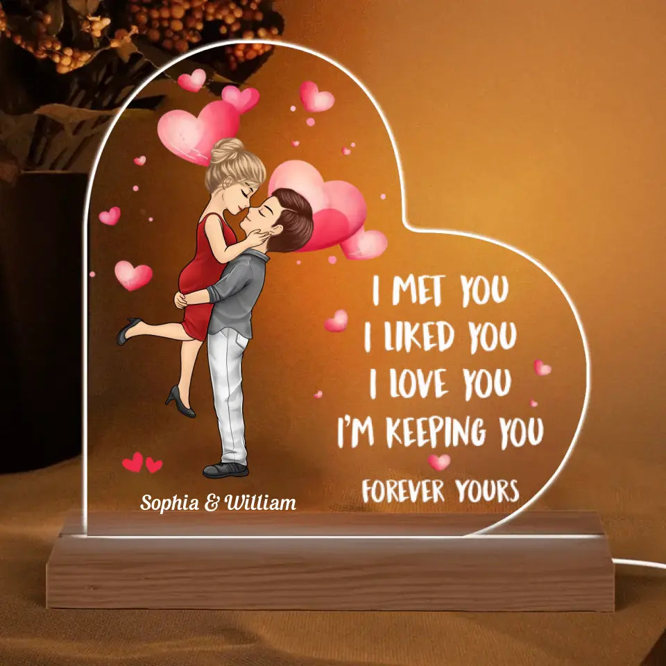 Doll Couple Hugging Kissing Together Since Personalized Heart Shaped Acrylic Plaque With LED Night Light - Anniversary Gift For Couple - Gift For Him, Gift For Her PL-F79