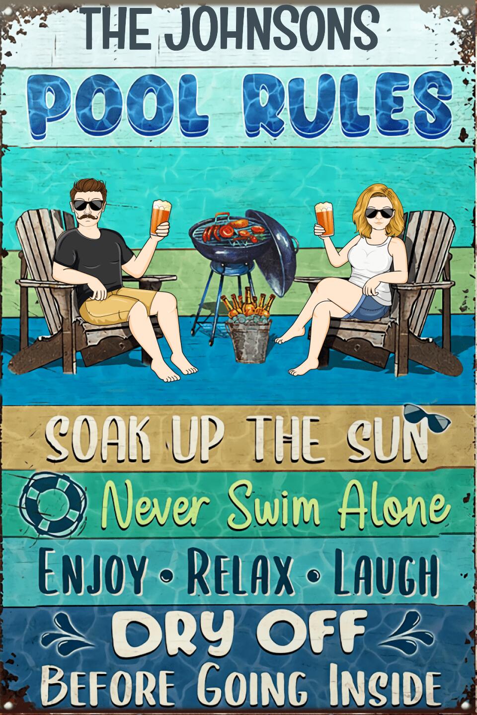 Pool Rules Soak Up The Sun Husband Wife Couple - Pool Sign - Personalized Custom Classic Metal Signs F40