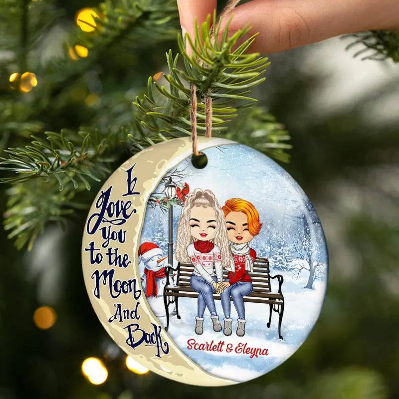 Christmas Chibi Couple I Love You To The Moon And Back - Christmas Gift For Couple - Personalized Custom Circle Ceramic Ornament - OF18