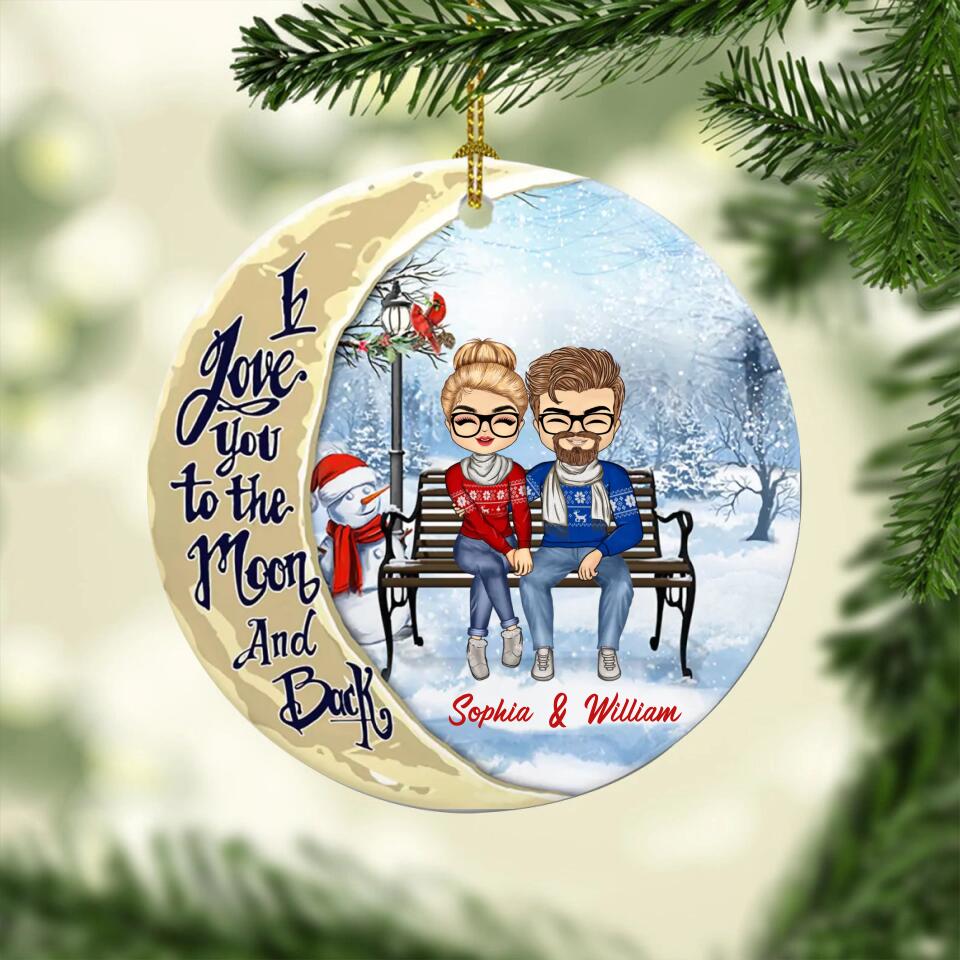 Christmas Chibi Couple I Love You To The Moon And Back - Christmas Gift For Couple - Personalized Custom Circle Ceramic Ornament - OF18