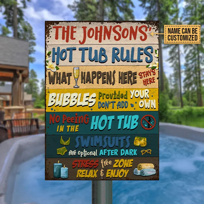 Hot Tub Rules What Happens Here Custom Classic Metal Signs, Hot Tub Decorating Ideas MS-F57