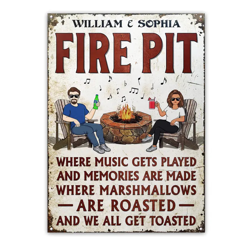 Fire Pit Where Music Gets Played Husband Wife Camping Couple Vertical - Backyard Sign - Personalized Custom Classic Metal Signs F45
