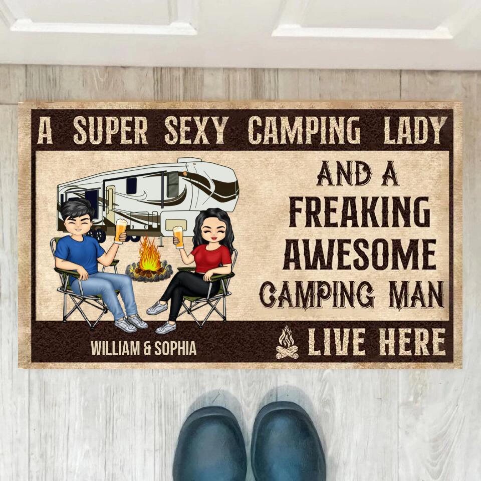A Super Sexy Camping Lady And A Freaking Awesome Camping Man Live Here Husband Wife - Couple Gift - Personalized Doormat -d-f10