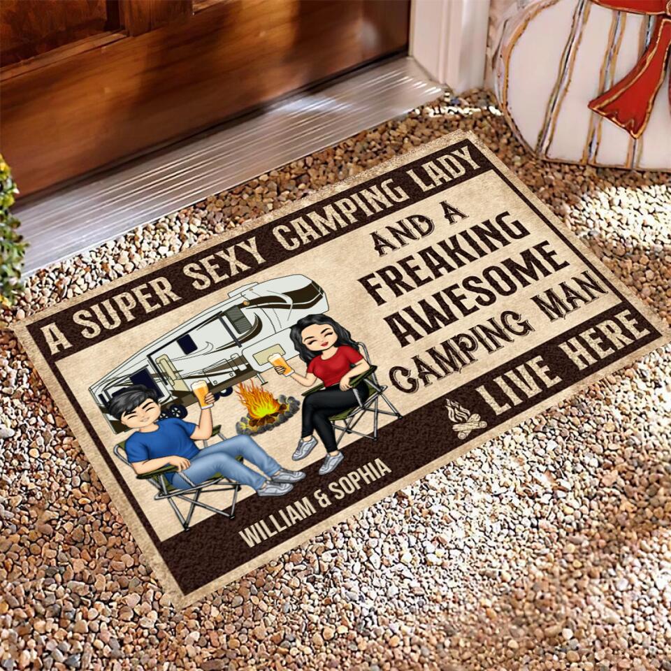 A Super Sexy Camping Lady And A Freaking Awesome Camping Man Live Here Husband Wife - Couple Gift - Personalized Doormat -d-f10