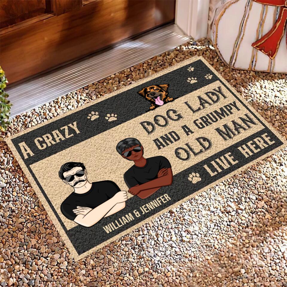 Joyousandfolksy Dog Lovers Crazy Dog Lady And Grumpy Old Man Live Here - Personalized Custom Doormat