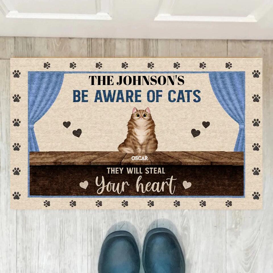 Joyousandfolksy Be Aware Of Cats Steal Your Heart Custom Doormat, Gift For Cat Lovers, Front Door Decor, Funny Cats Doormat