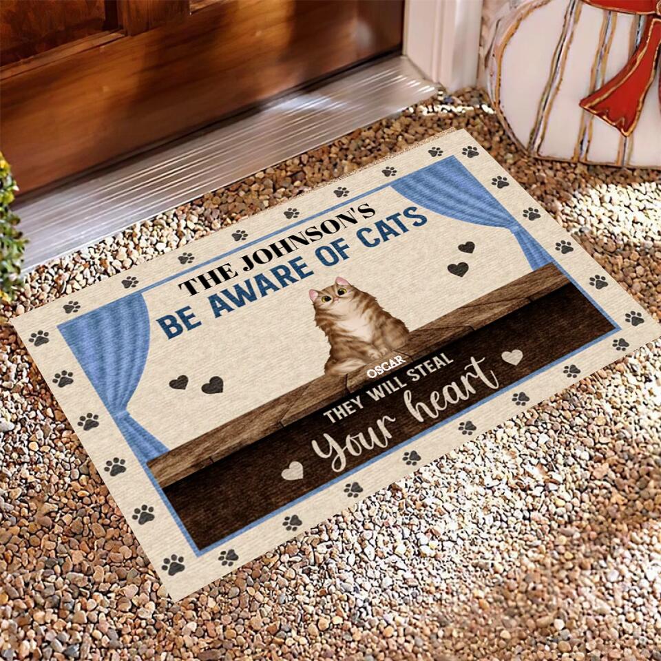 Joyousandfolksy Be Aware Of Cats Steal Your Heart Custom Doormat, Gift For Cat Lovers, Front Door Decor, Funny Cats Doormat