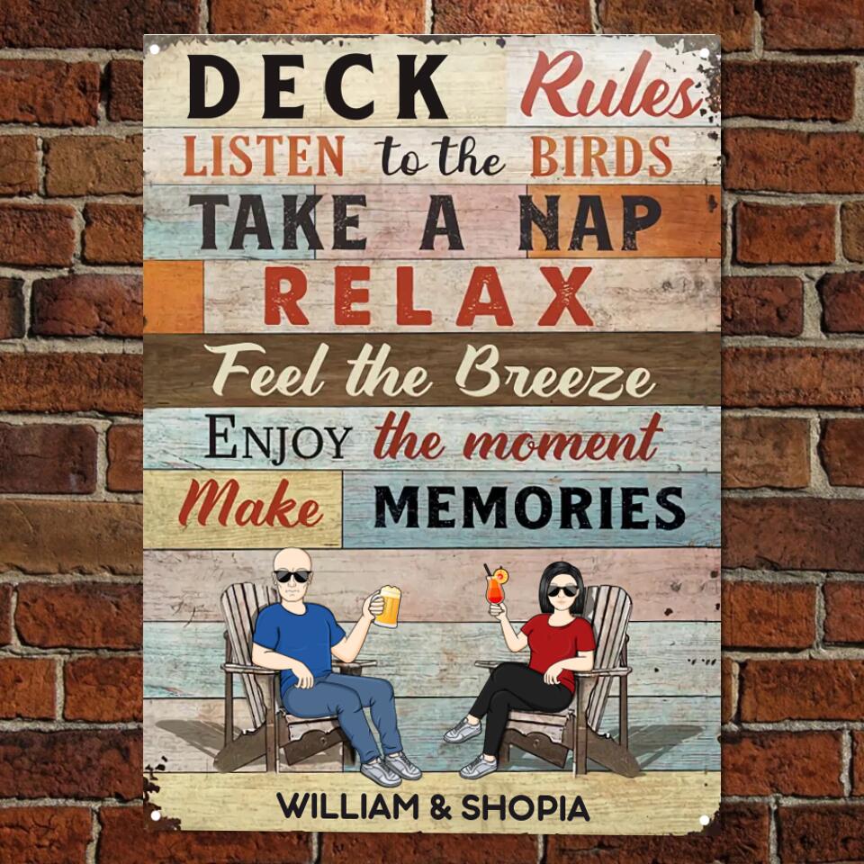 Deck Rules Listen To The Birds Husband Wife Couple - Backyard Sign - Personalized Custom Classic Metal Signs F74
