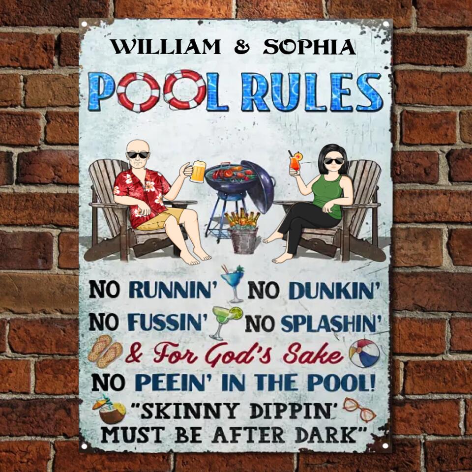 Pool Rules Grilling No Running No Splashing No Dunking Couple Husband Wife - Backyard Sign - Personalized Custom Classic Metal Signs F87