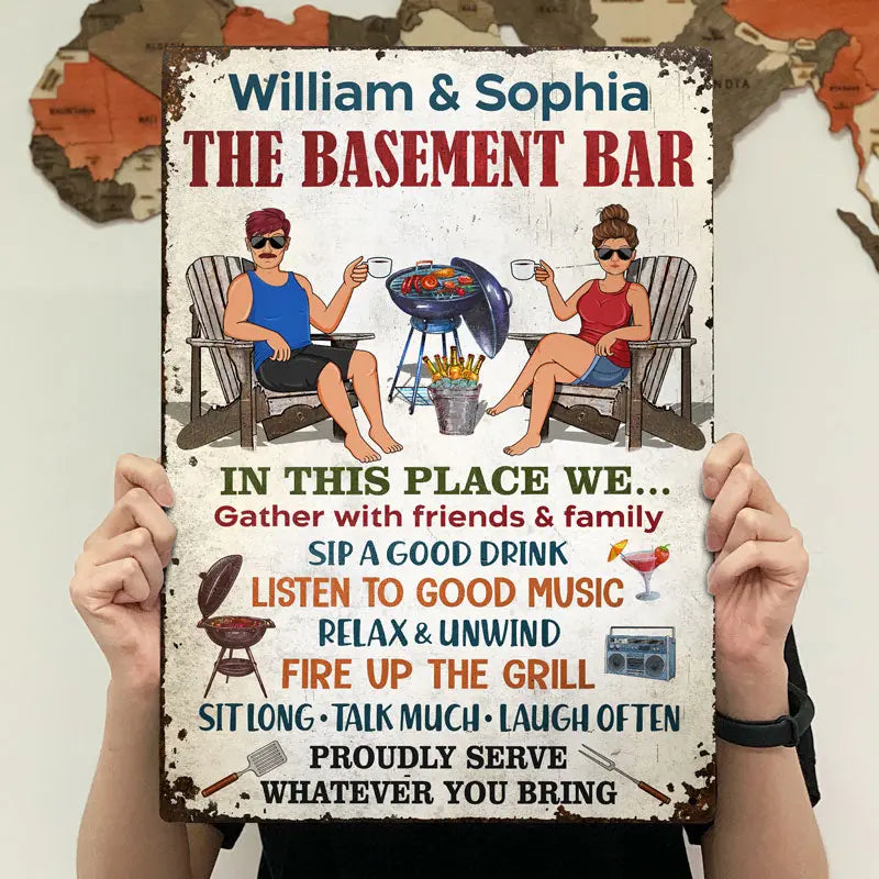 The Patio Bar We Gather With Friends And Family Grilling Couple - Backyard Sign - Personalized Custom Classic Metal Signs F94