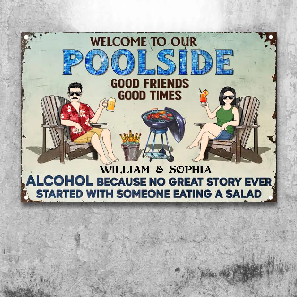 No Great Story Ever Started With Someone Eating A Salad Couple Husband Wife Grilling - Backyard Sign - Personalized Custom Classic Metal Signs F148