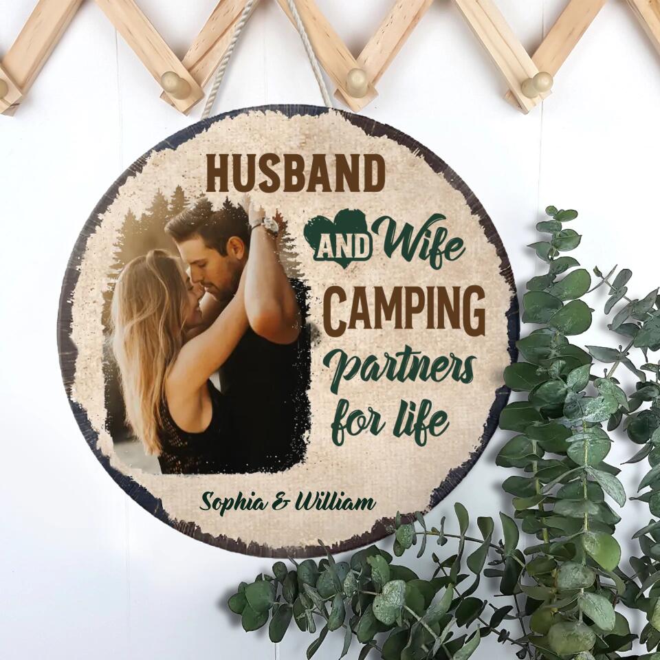 Custom Photo Husband And Wife Camping Partners For Life - Gift For Camping Couples - Personalized Custom Wood Circle Sign WS-F9