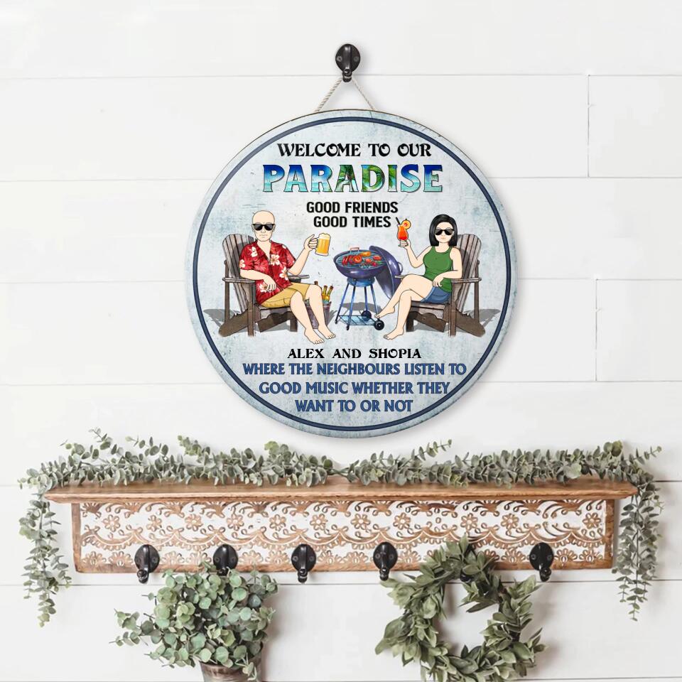 Poolside Grilling Listen To Good Music Couple Husband Wife - Backyard Sign - Personalized Custom Wood Circle Sign WS-F6