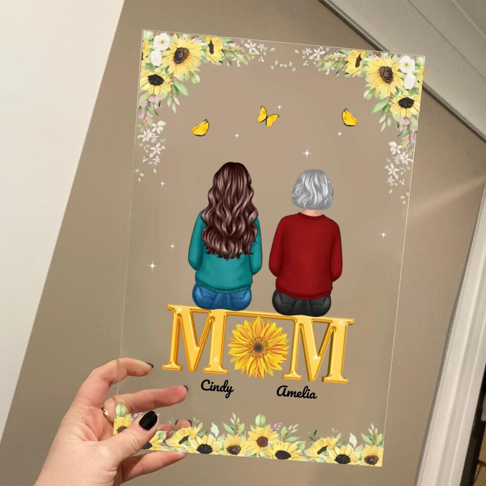Mom Sons Daughters Back View Sitting On Text Sunflower Personalized Acrylic Plaque PLF20