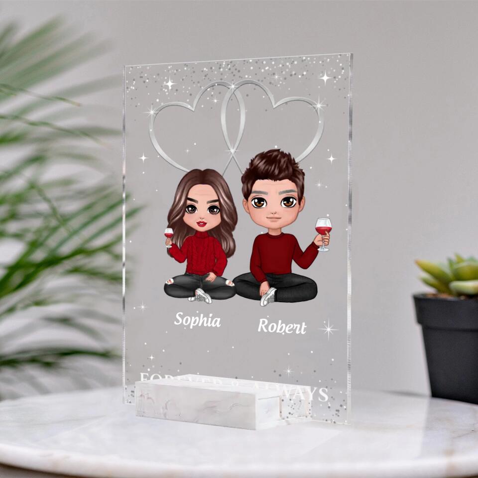 Double Hearts Doll Couple Sitting Personalized Rectangle Acrylic Plaque LED Lamp Night Light PLF29