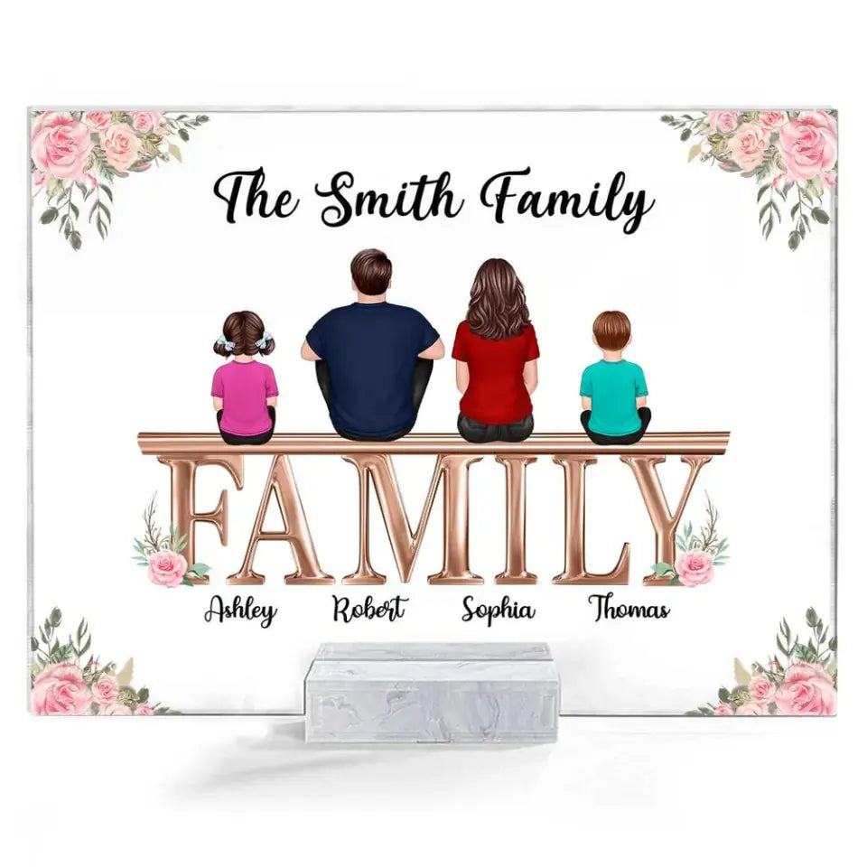 Whole Family Couple Grandma Grandpa Dad Mom Kids Dogs Cats Sitting On Word Personalized Acrylic Plaque PL-F17
