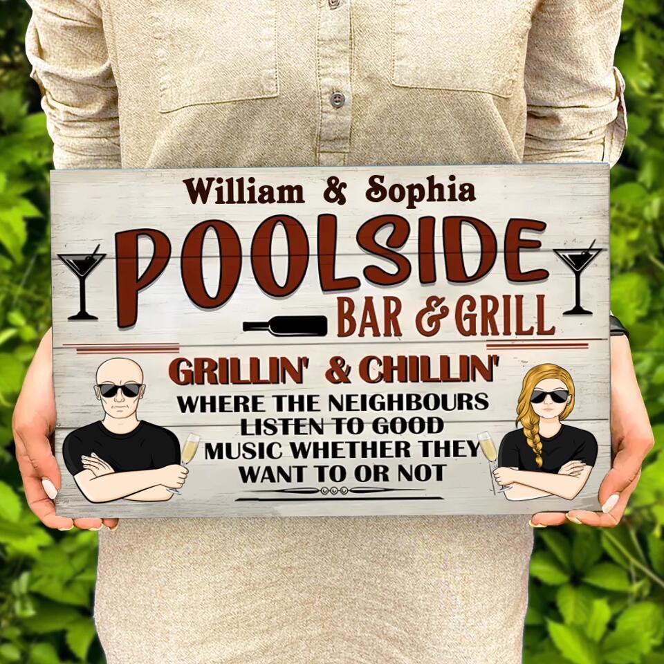 Pool Bar & Grill Where The Neighbour - Personalised Rectangle Wood Sign WS-F40