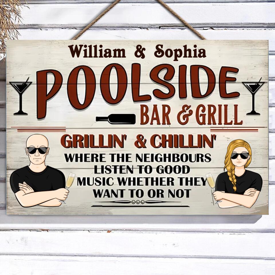 Pool Bar & Grill Where The Neighbour - Personalised Rectangle Wood Sign WS-F40