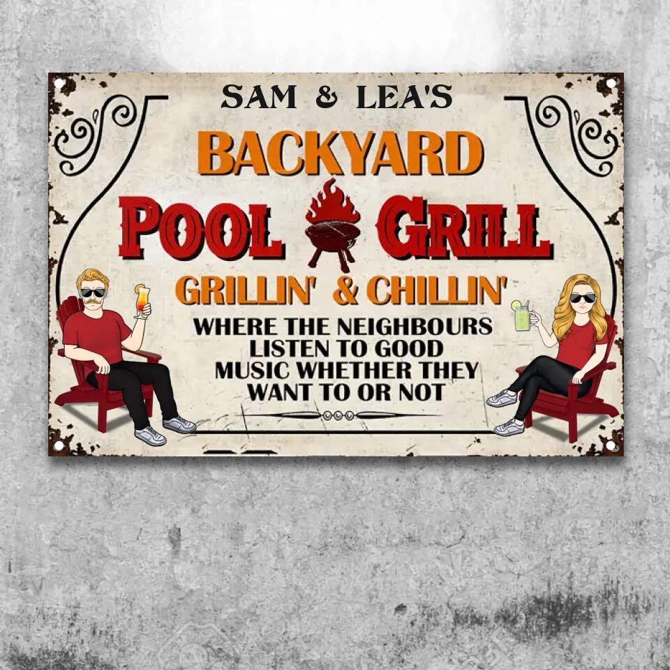 Backyard Pool And Grill Listen Good Music - Swimming Pool Decor - Personalized Custom Classic Metal Signs F143