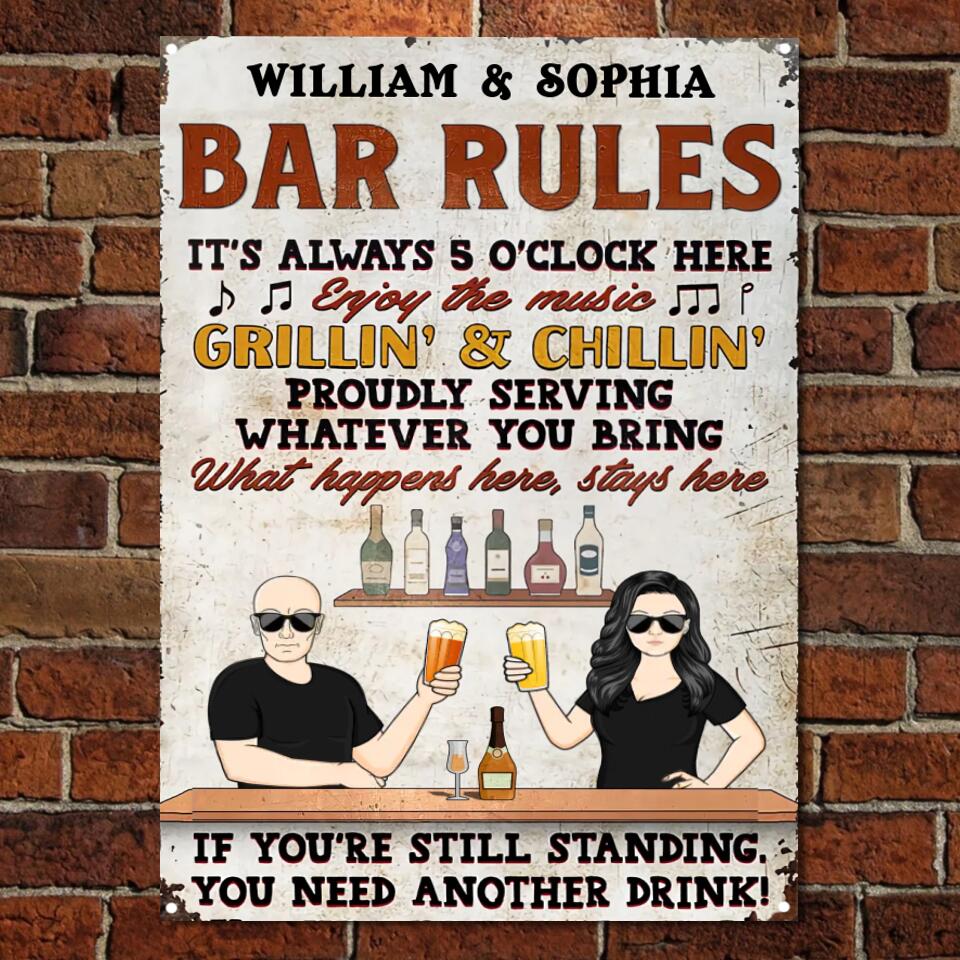 Bar Rules What Happens Here Stays Here Grilling Patio Couple Husband Wife - Backyard Sign - Personalized Custom Classic Metal Signs msf135