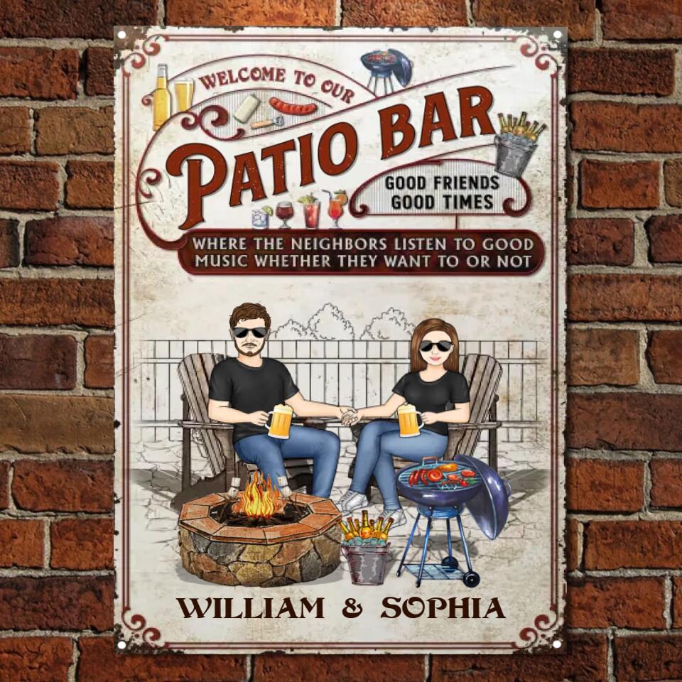 Backyard Bar Family Couple Where The Neighbors Listen To Good Music - Patio Sign - Personalized Custom Classic Metal Signs F88