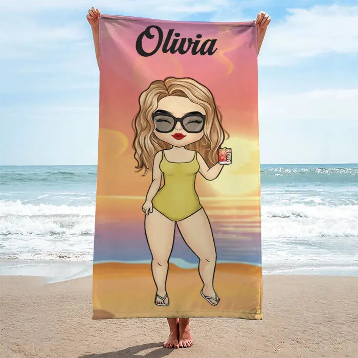 Chibi Girl Chibi Lady At The Beach Pool Party - Personalised Beach Towel BT-F1