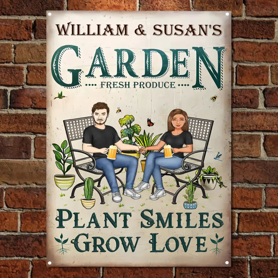 Gardening Couple Plant Smiles Grow Love - Gift For Garden Lovers - Personalized Custom Classic Metal Signs m-f164