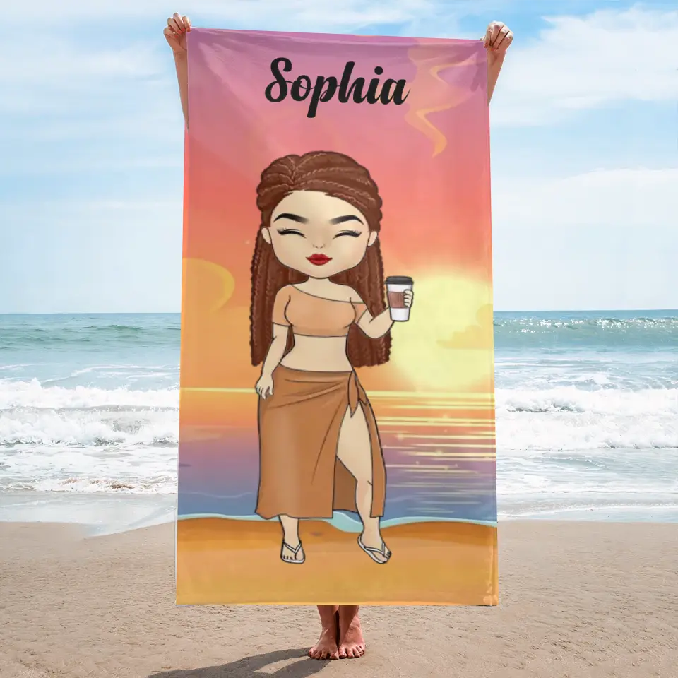 Chibi Girl Chibi Lady At The Beach Pool Party - Personalised Beach Towel BT-F1