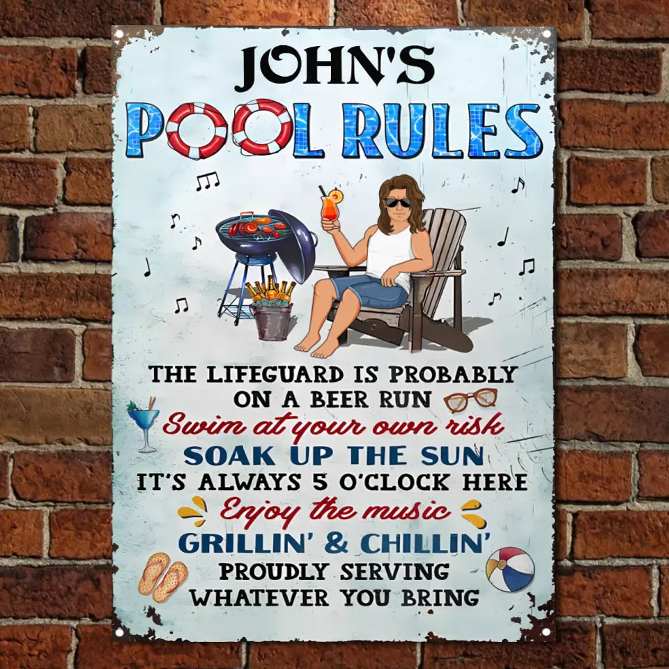 Pool Rules Swim At Your Own Risk Grilling Single - Backyard Sign - Personalized Custom Classic Metal Signs ms-f170