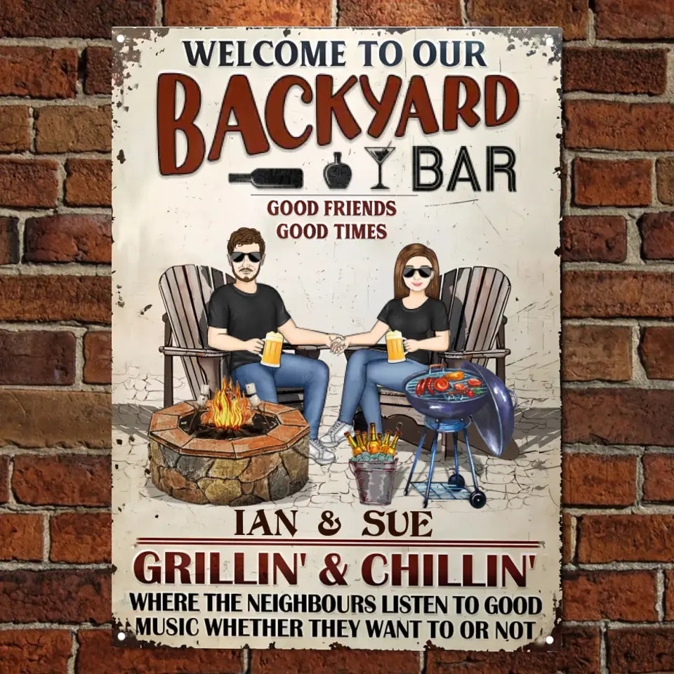 Backyard Bar Family Couple Listen To The Good Music - Patio Sign - Personalized Custom Classic Metal Signs ms-f127