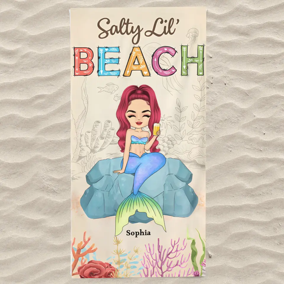 Mermaid Beach Salty Lil Beach - Gift For Beach Lovers, Summer Vacation - Personalised Custom Beach Towel F54