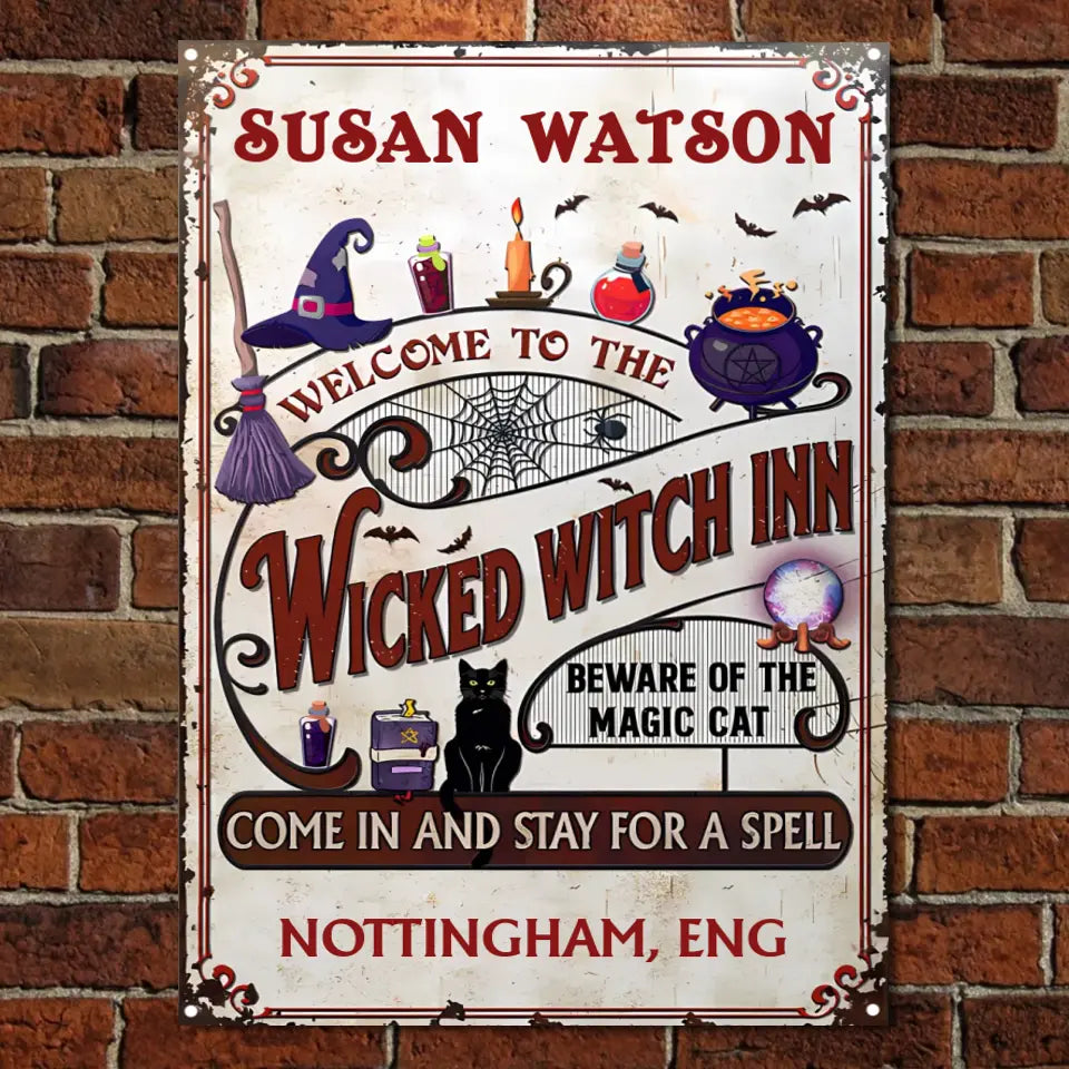Witch Inn Black Cat Stay For A Spell Vertical Custom Classic Metal Signs, Witch Decor, Witchy, Goth, Witch Sign, Halloween Sign, Halloween Gift ms-f185
