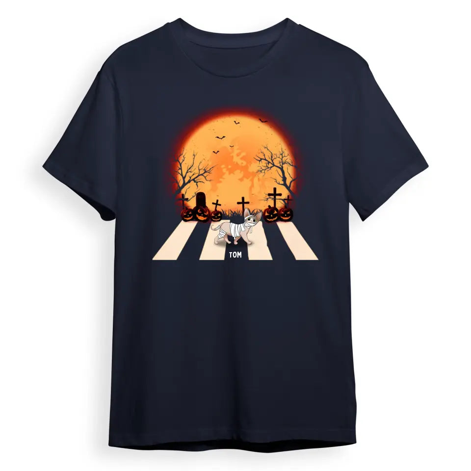 Halloween For Cats - Cat Walking Crosswalk In The Moonlight - Personalized Unisex T-Shirt, Sweatshirt, Hoodie. Halloween Ideas T-F92