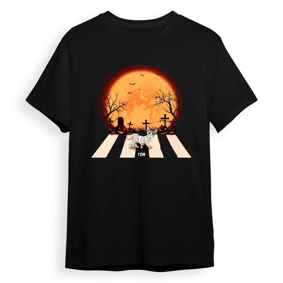 Halloween For Cats - Cat Walking Crosswalk In The Moonlight - Personalized Unisex T-Shirt, Sweatshirt, Hoodie. Halloween Ideas T-F92