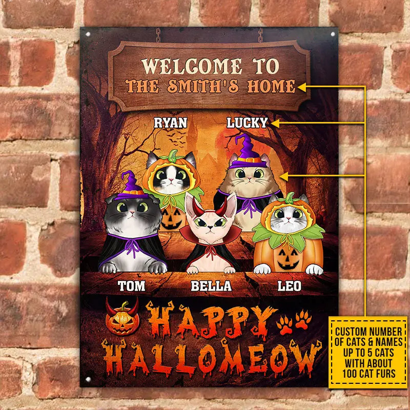Cat Cosplay Happy Hallomeow Custom Classic Metal Signs, Pumpkin, Devil & Witch Cat Costumes, Personalized Halloween Decor ms-21