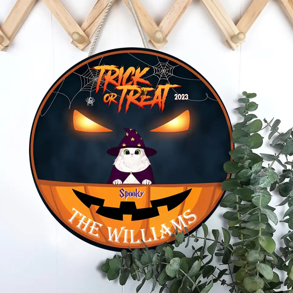 Candy Dogs And Cats Trick Or Treat Custom Round Wood Sign, Halloween Decoration, Personalised Pets Welcome Wooden Sign WS17