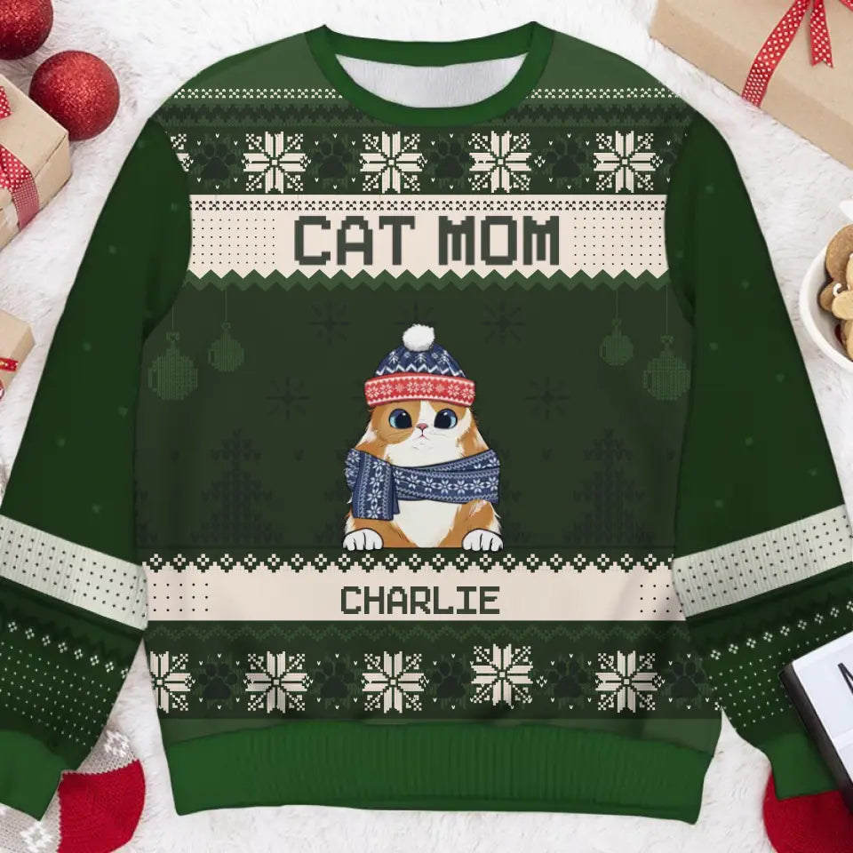 Merry Christmas, Cat Mom Cat Dad - Personalized Custom Unisex Ugly Christmas Sweatshirt, Wool Sweatshirt, All-Over-Print Sweatshirt - Gift For Cat Lovers, Pet Lovers, Christmas Gift U1