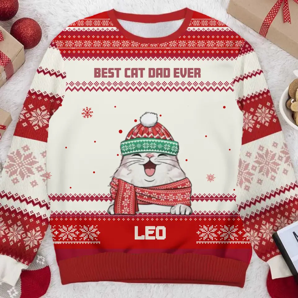 Best Cat Dad Ever - Personalized Custom Unisex Ugly Christmas Sweatshirt, Wool Sweatshirt, All-Over-Print Sweatshirt - Gift For Cat Lovers, Pet Lovers, Christmas Gift