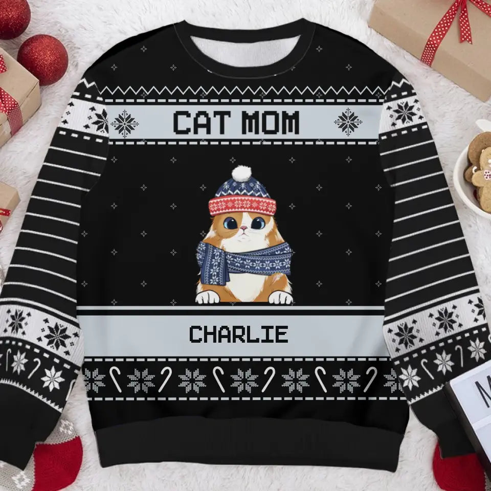I'm A Happy Cat Dad Cat Mom - Personalized Custom Unisex Ugly Christmas Sweatshirt, Wool Sweatshirt, All-Over-Print Sweatshirt - Gift For Cat Lovers, Pet Lovers, Christmas Gift U10